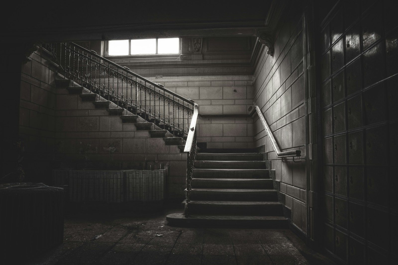 a set of stairs leading up to a window